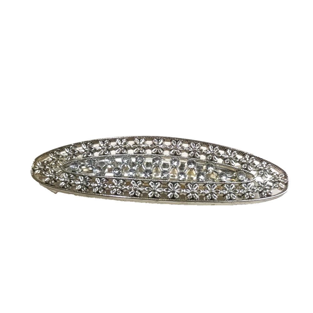 Hair Barrette Tension Clip Silver Oval Clear Rhinestone Flower Wedding Party...